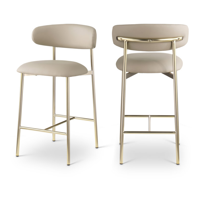 Tabouret de comptoir Lupita, Or brossé, Cuir taupe végétalien