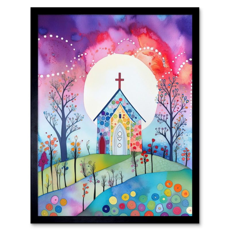 Countryside Chapel In Full Moon Spring Night Folk Art Watercolour Painting Artwork Framed Wall Art Print 9X7 Inch