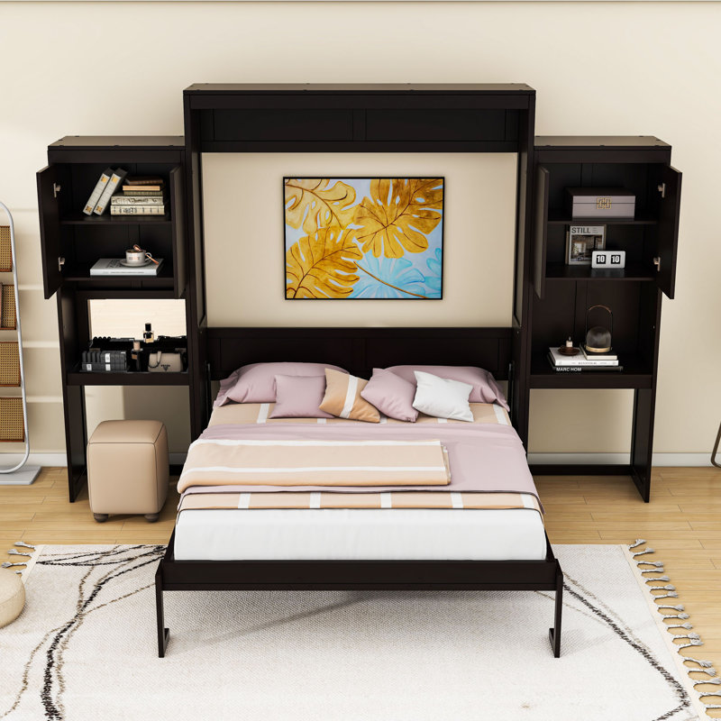 Grand lit escamotable en bois avec bureau, coiffeuse et armoires, Espresso