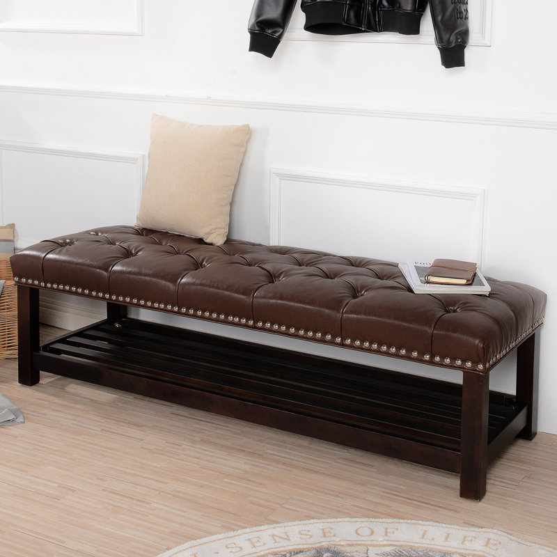 60" Dark Brown Shoe Bench For Bedroom, Upholstered Leather With Pu Covering Bedroom Organizer Bench, Length, Upholstery, Birch Legs