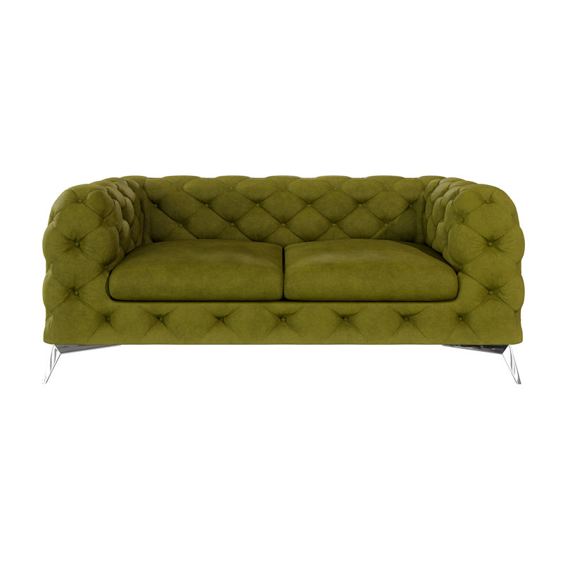 Chesterfield Sofa Bixby 2 Seater with Silver Metal Legs, Olive