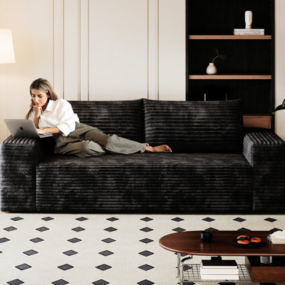 Velours côtelé confortable de 63 po à 2 places, tissu à peau lisse, sans assemblage, noir, mousse haute densité, style moderne, ergonomique pour se détendre en discutant avec des amis
