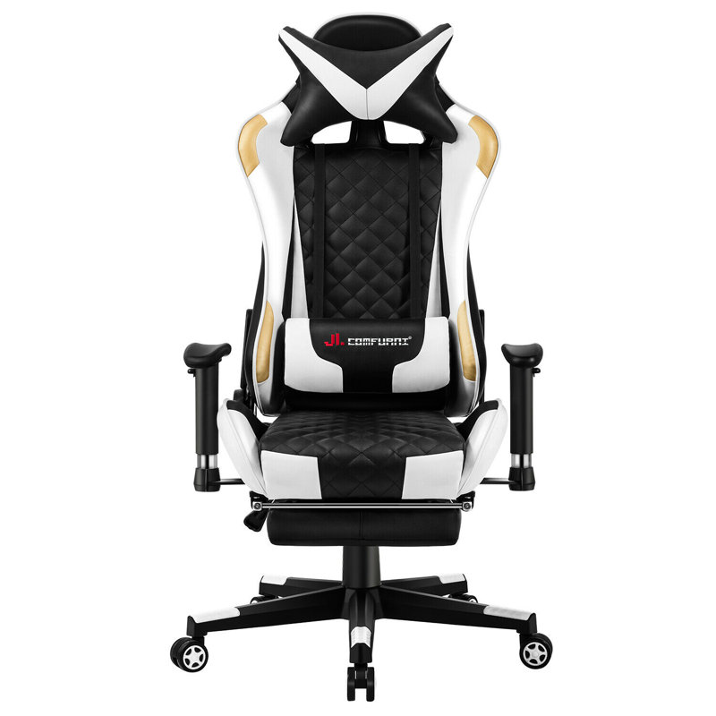 JL Comfurni Adjustable Reclining Ergonomic Faux Leather Swiveling PC & Racing Game Chair with Footrest, Gold