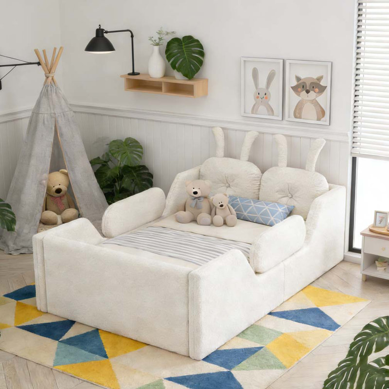Lit plateforme tapissier simple avec coussin en lapin et rails latéraux amovibles, Blanc