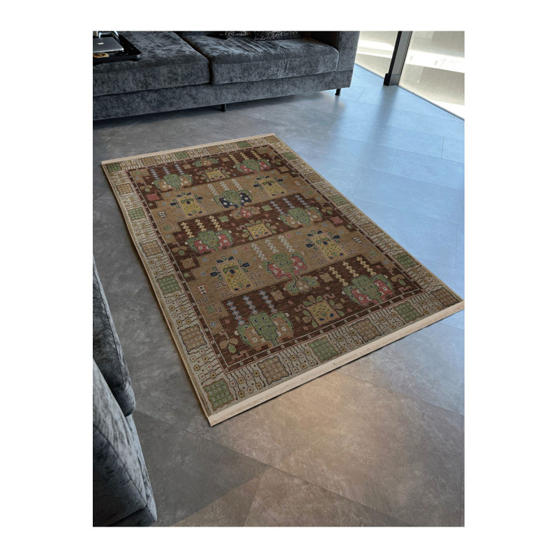 Tapis décoratif rétro vert à motif traditionnel, Sous-tapis rectangulaire de 3 pi 3 po x 4 pi 11 po
