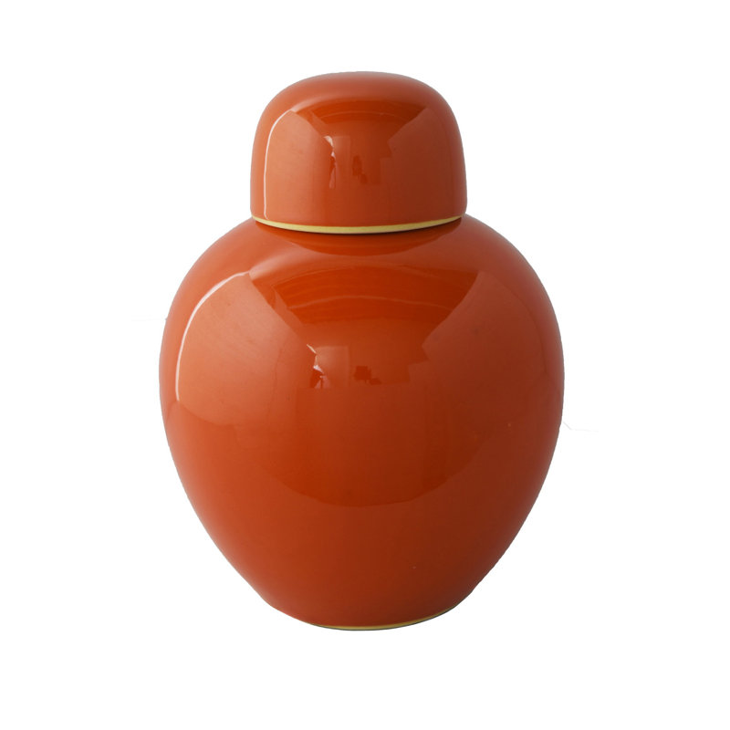Decorative Ginger Jar with Dome Lid, Orange Glazed Ceramic, 11 Inch