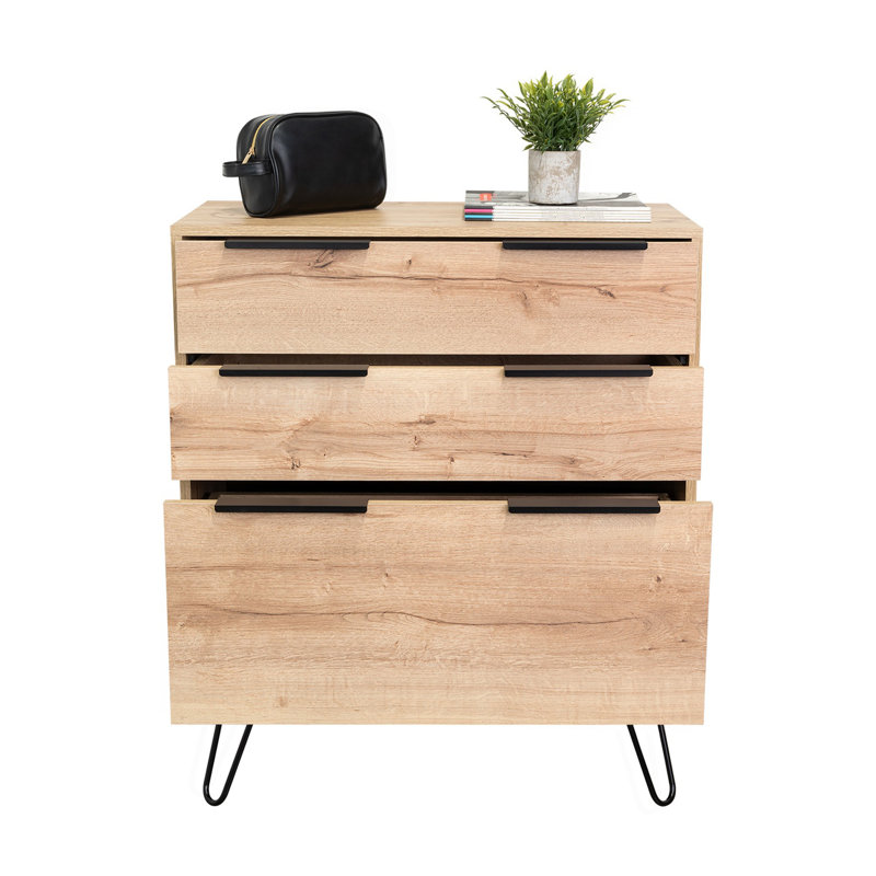 Commodes 3 tiroirs en chêne clair avec pieds en métal, ensemble de 2
