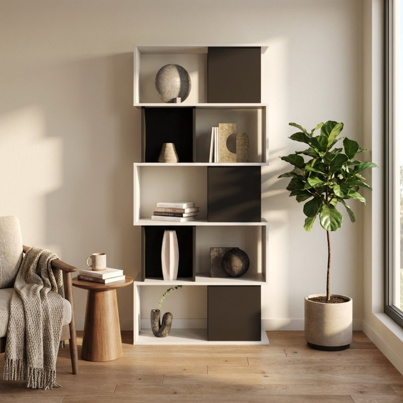 Shively 35.4" Bookcase with Matte Finish, White/Black