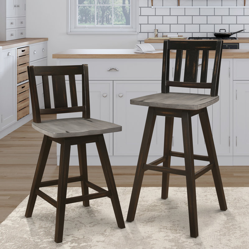 Chaises à hauteur de comptoir rustique en bois d'hévéa massif - gris noir, pivotant à 360 degrés (2 pièces en bois sur 2 pivotantes)