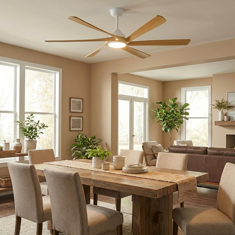 Smart Modern 6 Blade Solid Wood Ceiling Fan With Remote Control, Reversible Dc Motor & Dimmable Led Light, 72" Wide, White