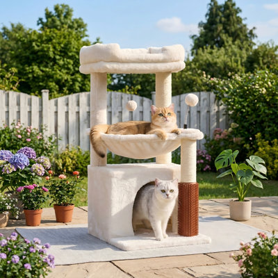 32in Small Cat Tree for Large Cats, Adult Cat Tower, Scratching Post, 15.7in Large Hammock, Self Groomer, Removable Top Perch, Wide Condo, Beige
