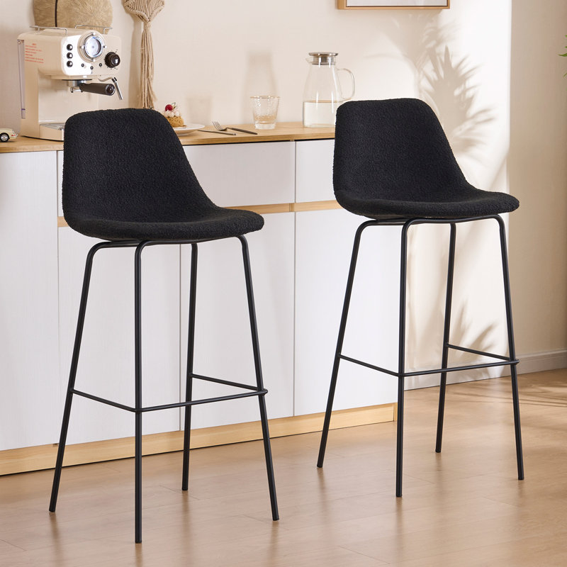 Hauteur de comptoir moderne Kavi avec coussin rembourré et pieds en métal, Bouclé noir