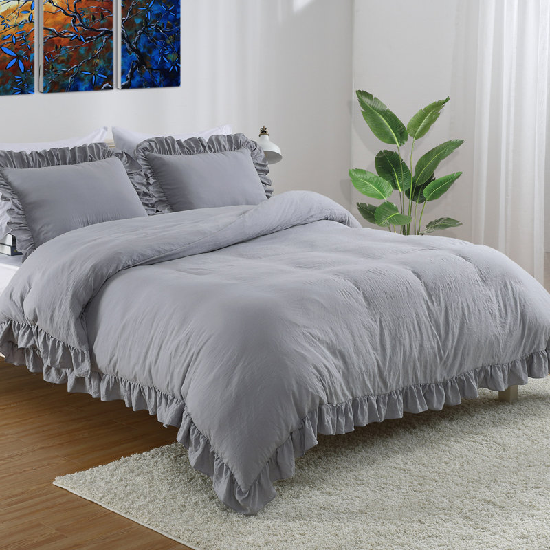 Ensemble de housse de couette simple à volants pour lit simple, 2 pièces Shabby Chic Farmhouse, conception à volants rétro, microfibre douce, gris