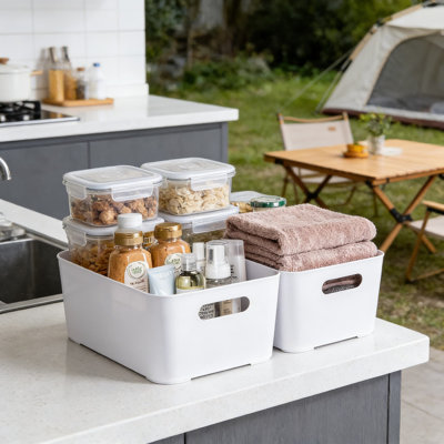 Grands bacs et organisateurs de rangement en plastique, grand paquet de 2, conception ouverte polyvalente avec poignées pour armoire de cuisine et armoire de salle de bain