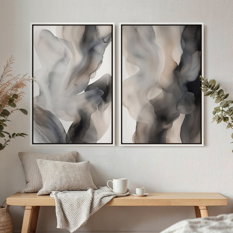 Framed Canvas Wall Art - Vintage Abstract Wall Prints for Bedroom - 2 panels, 36" H x 24" W, White