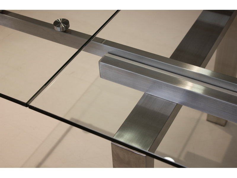 Cantro Extendable Glass Top Metal Base Dining Table, Brush