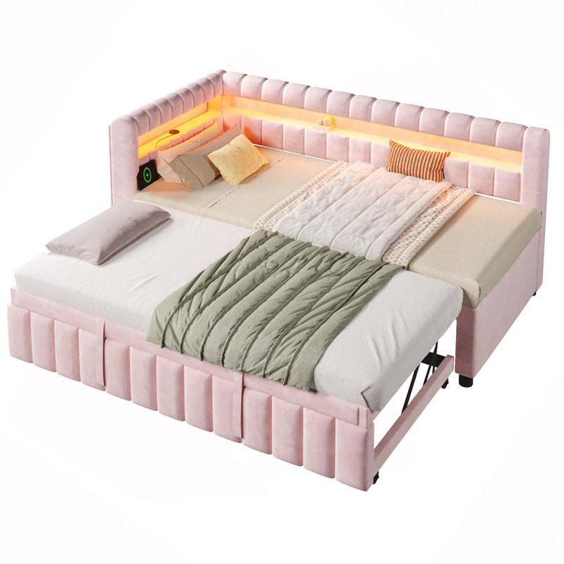 Lit de jour rembourré avec lumières DEL, USB et lit gigogne escamotable