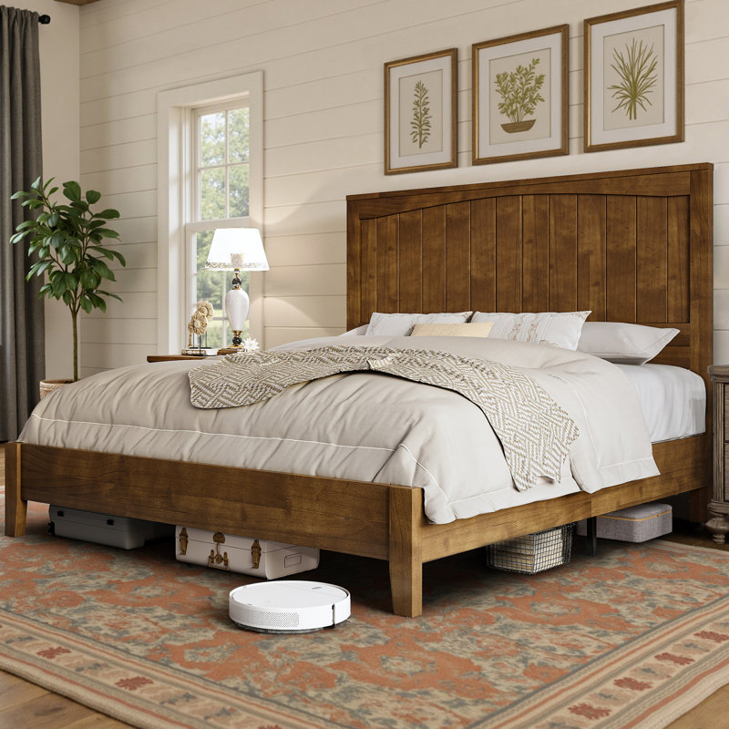  Adainville 48.4" Full Size Solid Wood Bed Frame With Panel Headboard,Brown, Full, Brown