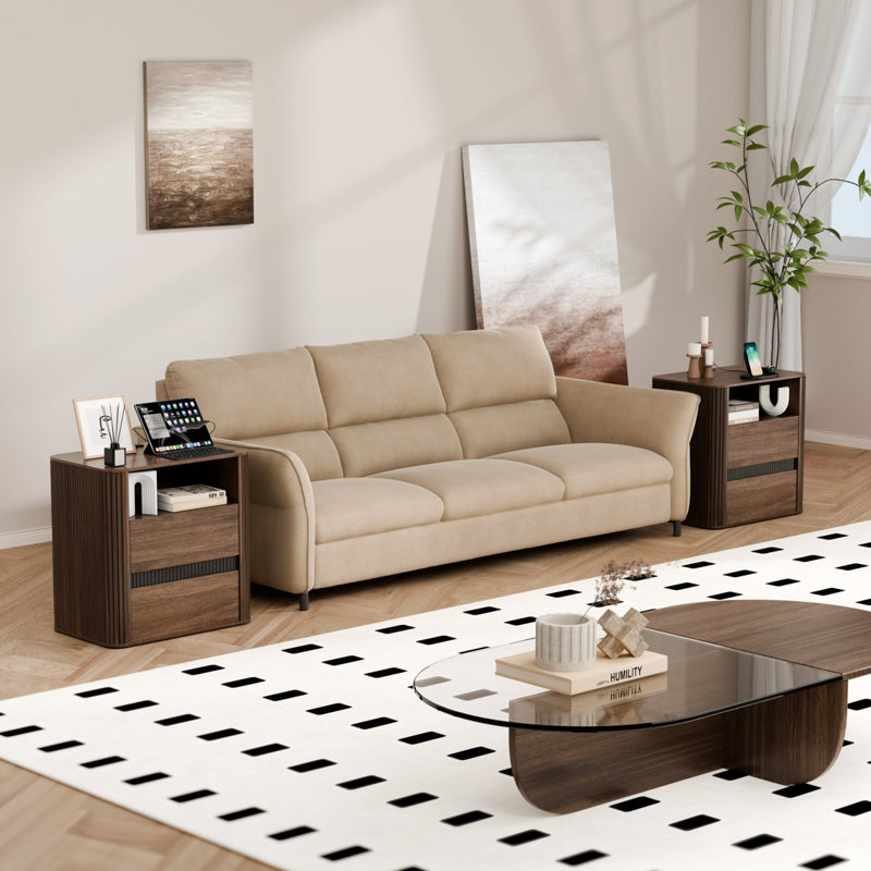 Table de chevet avec 2 tiroirs et station de charge intégrée, Walnut