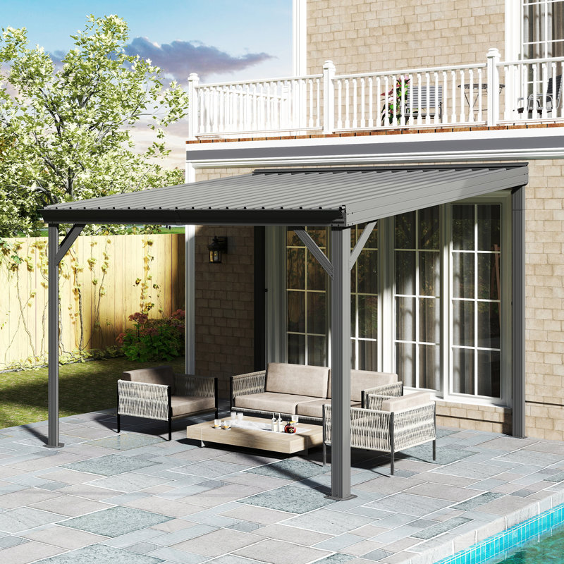 Patio Gazebo Lean to Wall Mounted Pergola with Sloping Galvanized Steel Roof, 94.68" H x 120" W x 120" D, Gray