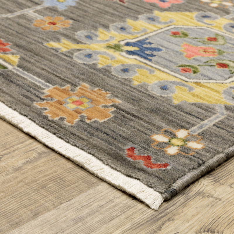 Oriental Machine Woven Gray/Pink Wool and Nylon Area Rug, Runner 2' x 6'