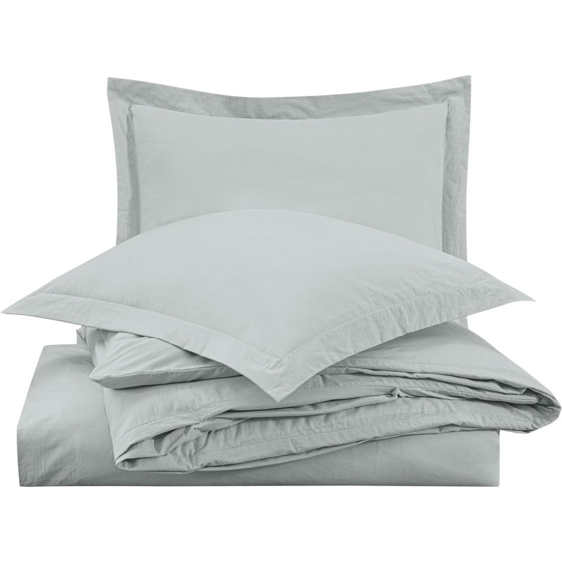  Solid Color 100% Washed Cotton Duvet Cover Set , King Duvet Cover + 2 King Shams, Light Gray