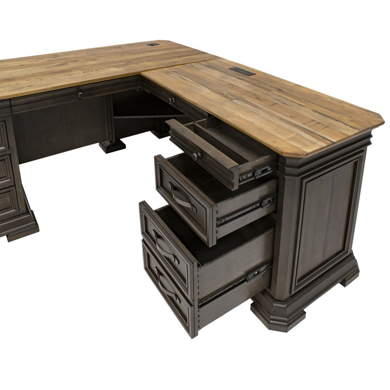 Brown Transitional L-Shaped Executive Desk with Power Outlet and USB Port