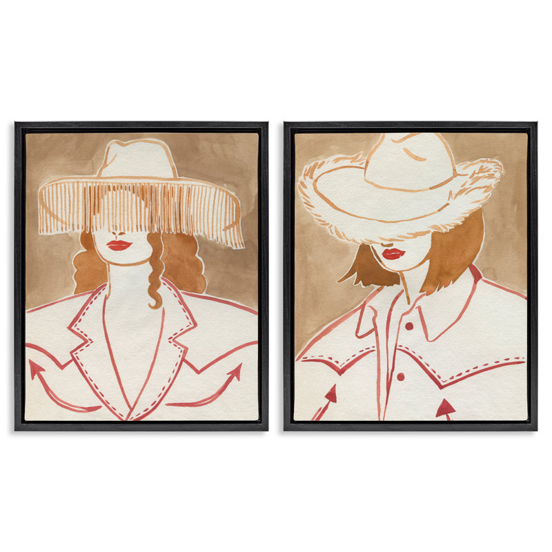 «Stupell Industries Boho Cowgirls in Hats», ensemble de 2 toiles flottantes encadrées par Grace Popp, H 21 po x l 17 po