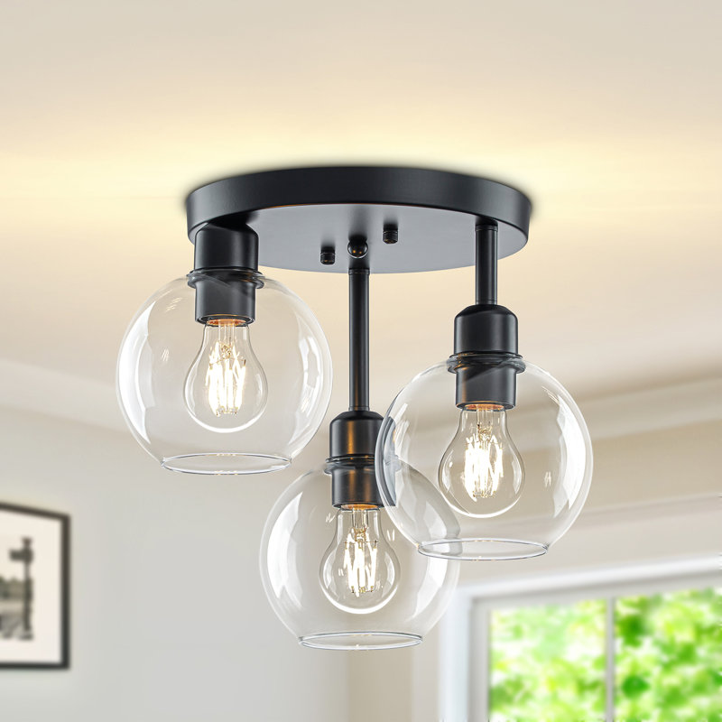 Plafonnier semi-encastré 3 lumières avec verre Globes, Noir mat