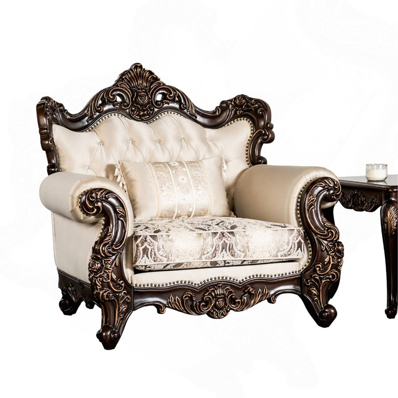 Fauteuil 1Pc avec accoudoirs roulés, garniture cloutée, capitonnage, dossier, coussin décoratif inclus, finition beige cerise foncé