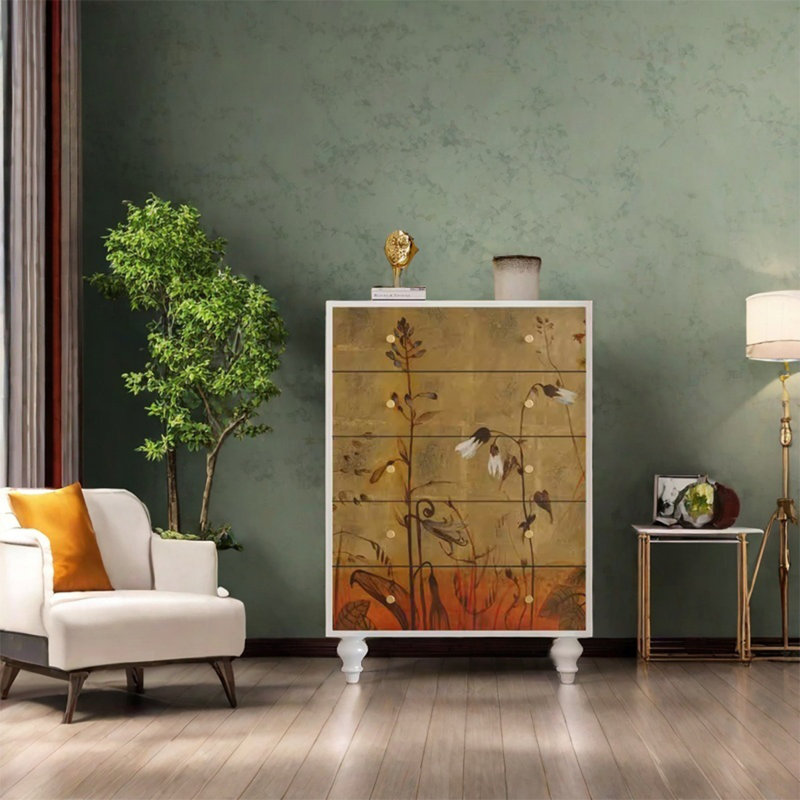 Armoire de rangement à cinq tiroirs avec pieds en bois massif, Blanc