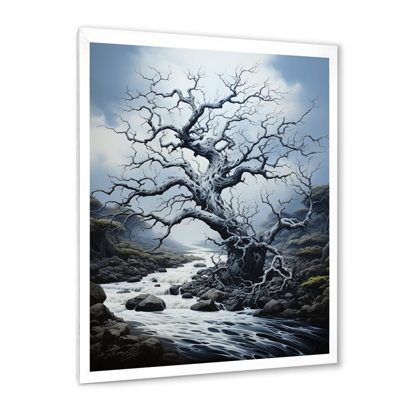 Arbre monochromatique Serenade - paysage art mural, salon, L 24 po x H 32 po, Cadre photo blanc