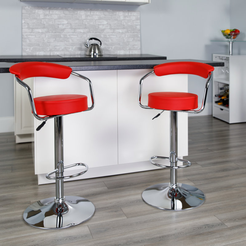 Damian Contemporary Vinyl Adjustable Height Barstool with Arms and Chrome Base, Red