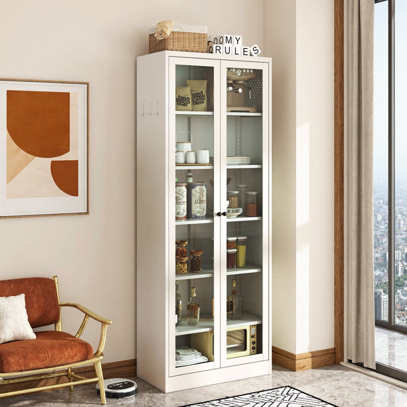 Modern Metal Pantry Cabinet with Glass Doors & 5 Adjustable Shelves, Tall Kitchen Storage, White