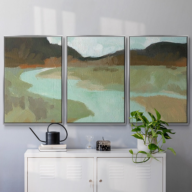 Coldwater Hills II, peinture sur toile 3 pièces, H 36 po x l 75 po, Encadrement argenté