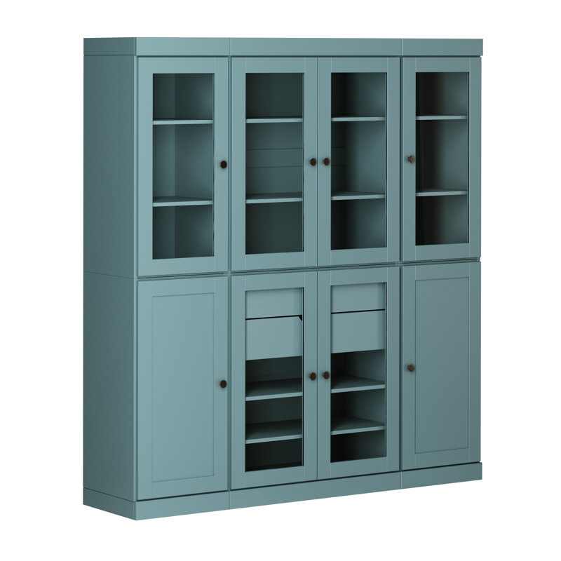 Vaisselier 100% bois massif 65 po avec verre transparent, portes Shaker, 2 tiroirs et tablettes réglables, Bleu aqua