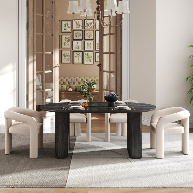 Modern Farmhouse Extendable 59.06" to 90.55" Table Dining Set for 4-8, Black, Beige, 5 Pieces: Table, 4 Chairs