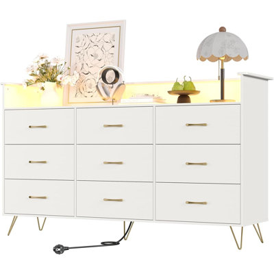 Commode haute 9 tiroirs avec lumières RVB et station de charge, armoire de rangement contrôlée 62,8 po APP