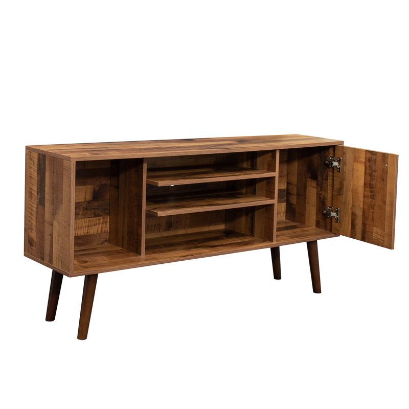 Cumi 62.9"W Mid-Century Modern TV Stand with Sliding Doors & Drawers, Entertainment Center TV Console Table with Rattan Doors