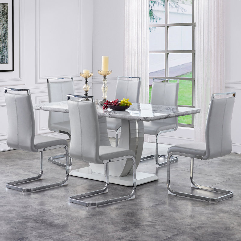 Ensemble de 6 chaises de salle à manger en faux cuir Rheese Modern avec base en métal et poignée supérieure, Argent, 6, Gris
