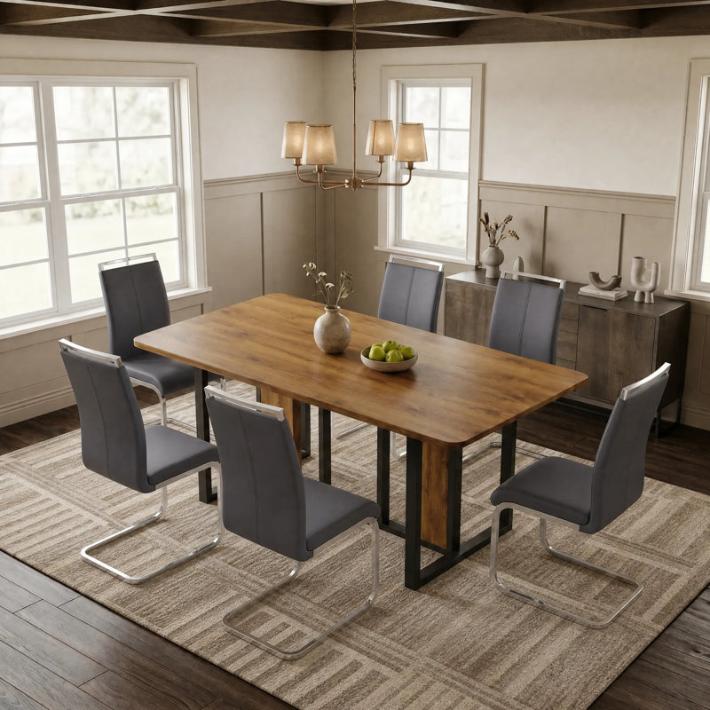 Mid-Century Modern 7-Piece Rectangular Dining Table Set with Upholstered Cantilever Chairs, Dark Gray