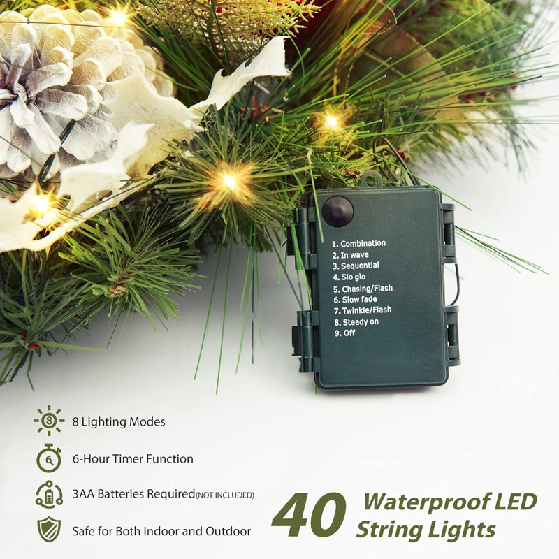 Guirlande de Noël, guirlande lumineuse de Noël de 30 pouces pour porte d'entrée avec baies, guirlande décorative avec 40 lumières DEL