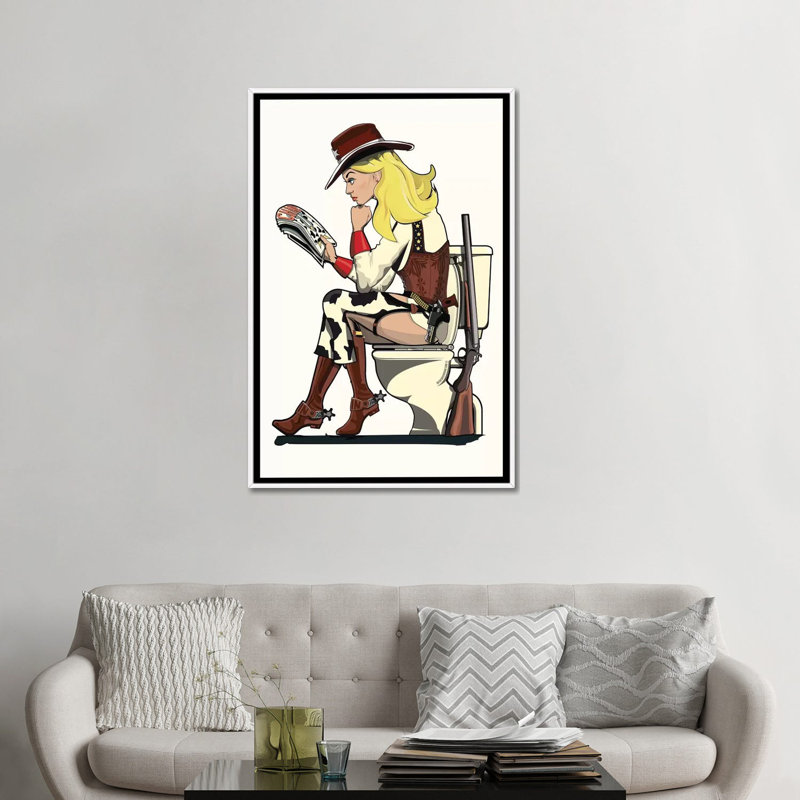 Cowgirl on the toilettes - impression d'art graphique, H 48 po x l 32 po x P 1,5 po, Toile blanche encadrée, Aucun mat