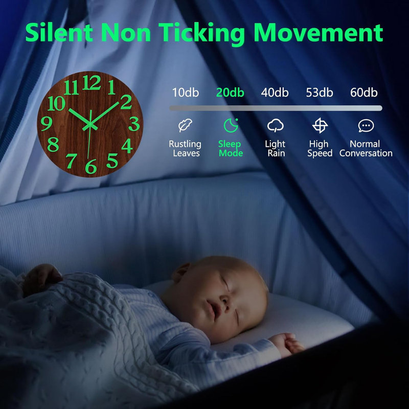 12 Inch Glow In The Dark Wall Clock, Silent Non-Ticking Round Analog Clock With Night Light, Battery Powered Black Wooden Illuminated Clock For Living Room, Bedroom, Kitchen, Home Decor