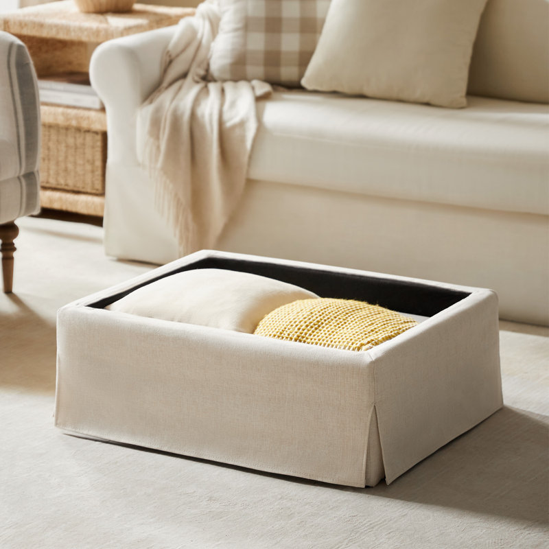 Lessman Farmhouse 30'' W Upholstered Slipcover Ottoman with Storage and Flip-Top Tray, Beige Polyester Blend