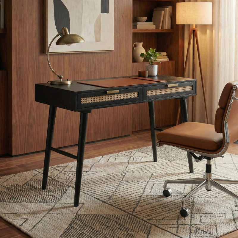 Sedona Cane 45" Semi-Assembled Writing Desk with USB & AC Outlets, Black, Black