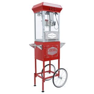 Chariot à maïs soufflé à 12 onces avec roulettes et bouilloire en acier inoxydable, machine à maïs soufflé de style cinéma pour la fête