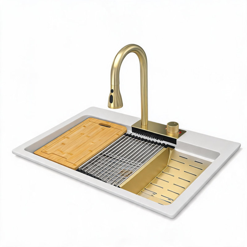Évier de cuisine à cuve unique de 84 cm (33 pouces) en composite de granit et quartz blanc, avec robinet extractible et design en cascade