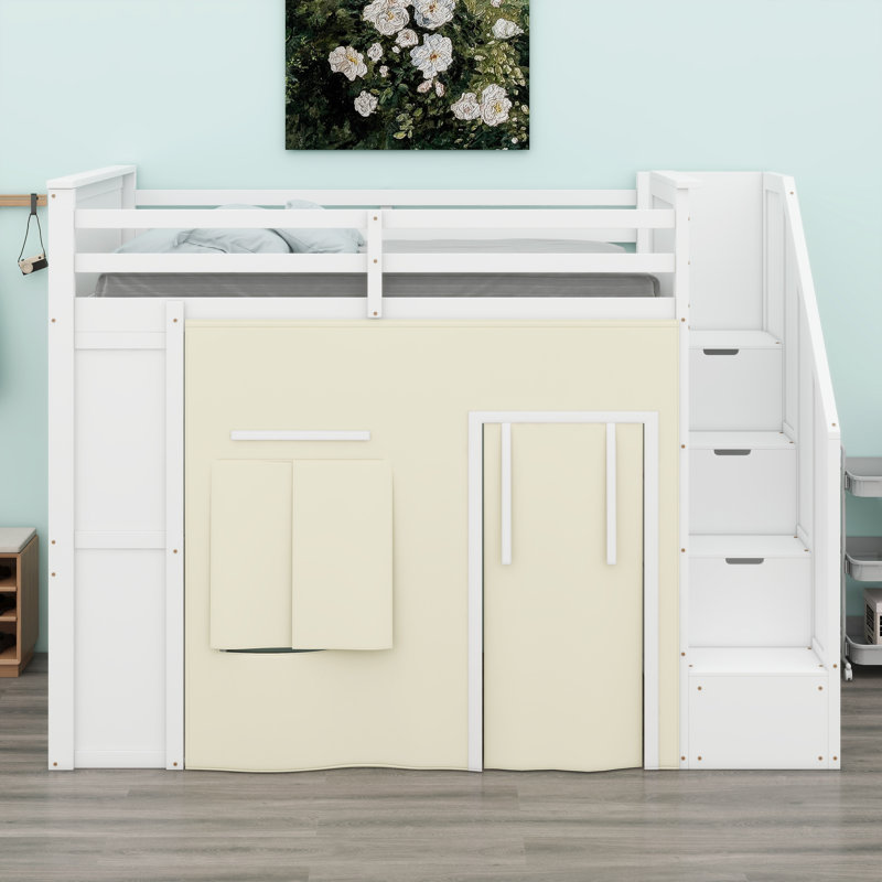 Loft Bed with Desk, Drawers, Storage Staircase, and Privacy Curtain