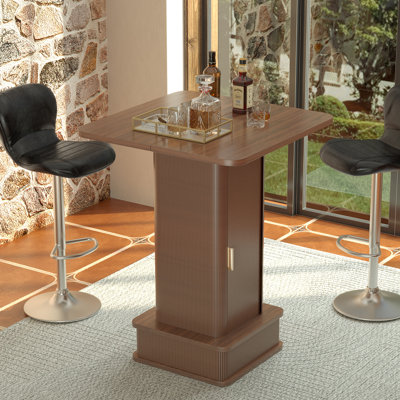 Stylish Square Bar Table with Sliding Door Hidden Storage, Wine Rack & Marble Top. Ideal for Home Bar, Kitchen, or Small Dining Space, Walnut